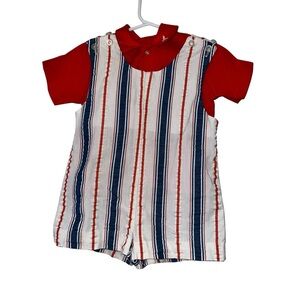 Vintage Young Mate Red White blue Striped overall romper shirt 18m
